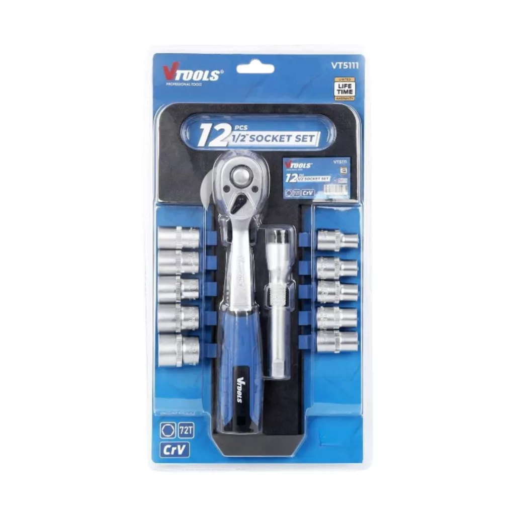 آچار جغجغه ای بلند وی تولز مدل VT5111 سایز 1.2 اینچ مجموعه 12 عددی