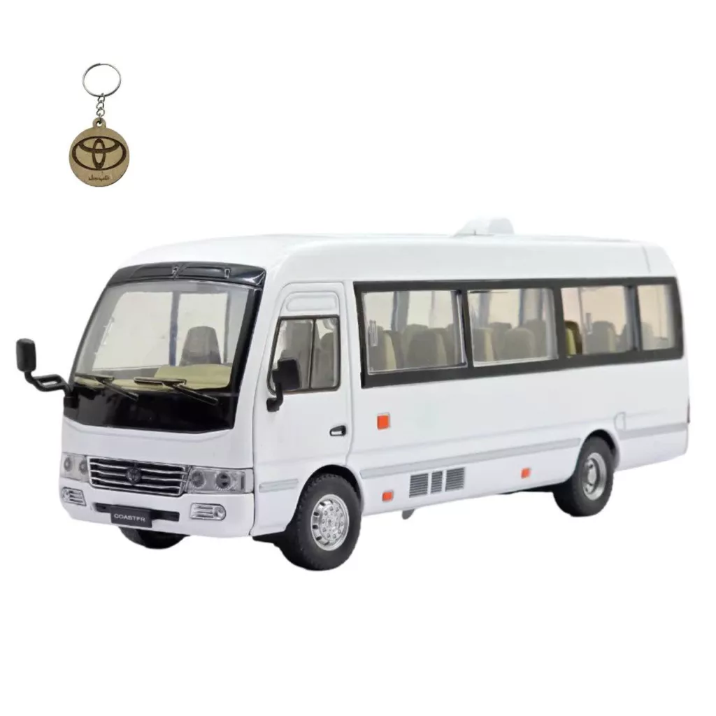 ماکت ماشین ناب سل مدل مینی بوس تویوتا کاستر فلزی سانروف چراغدار موزیکال عقب کش Toyota Coaster Bus به همراه جاسوییچی