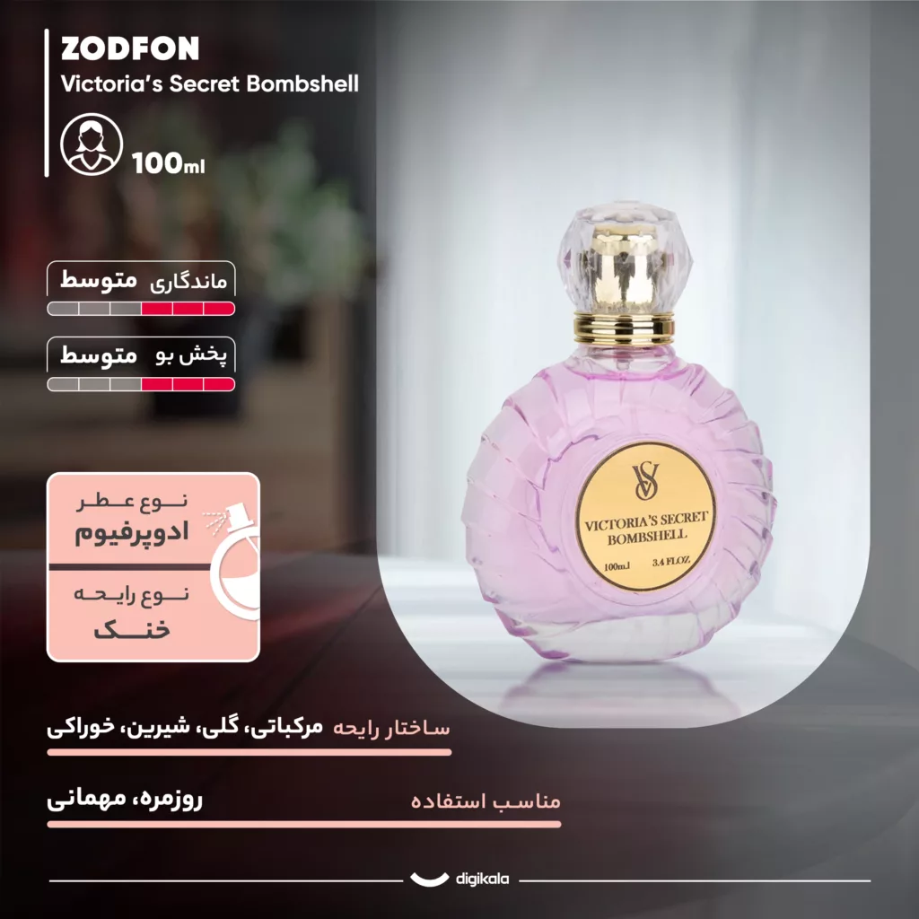 ادو پرفیوم زنانه زدفون مدل ویکتوریا سکرت بامب شل با رایحه خنک و شیرین حجم 100 میلی لیتر