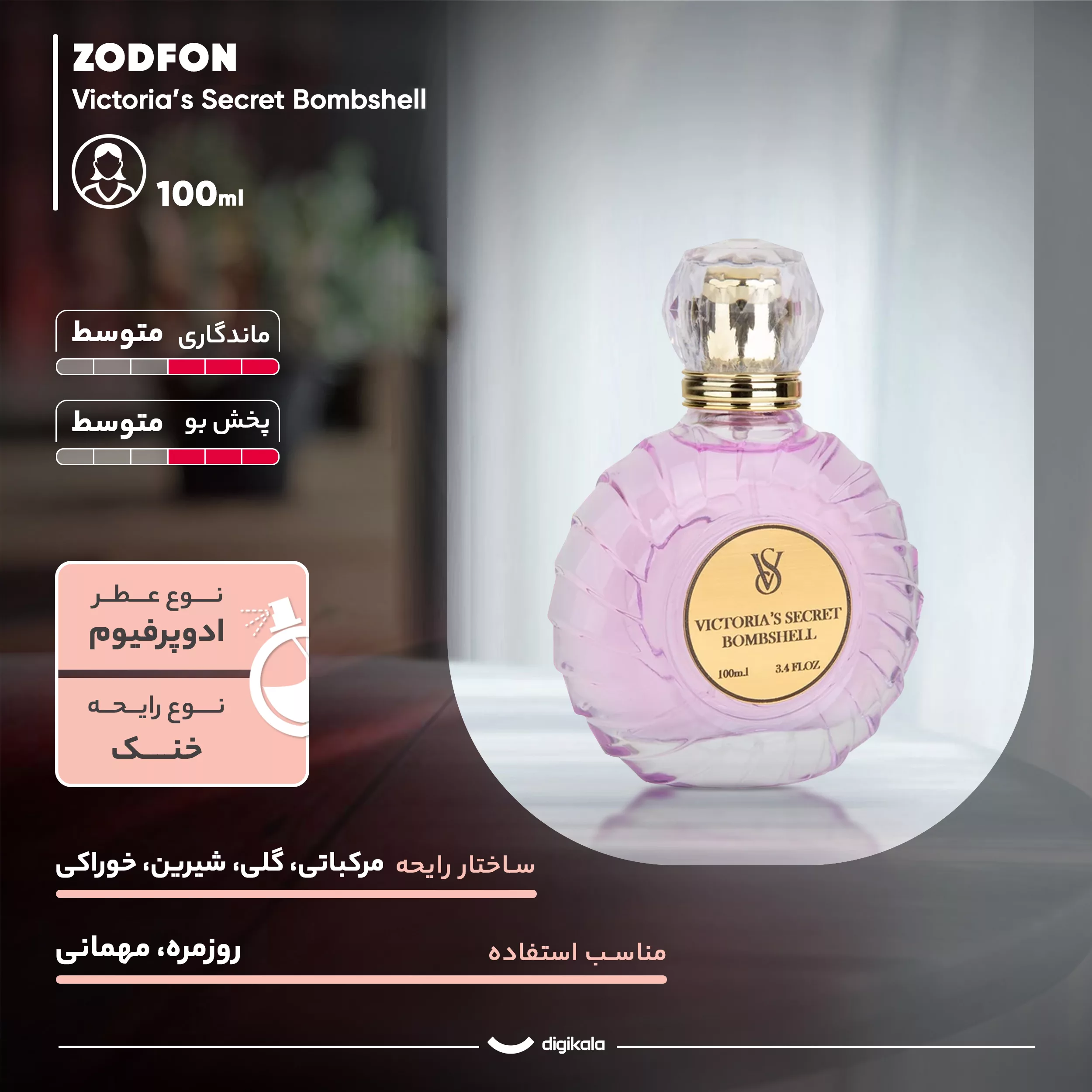 ادو پرفیوم زنانه زدفون مدل ویکتوریا سکرت بامب شل با رایحه خنک و شیرین حجم 100 میلی لیتر