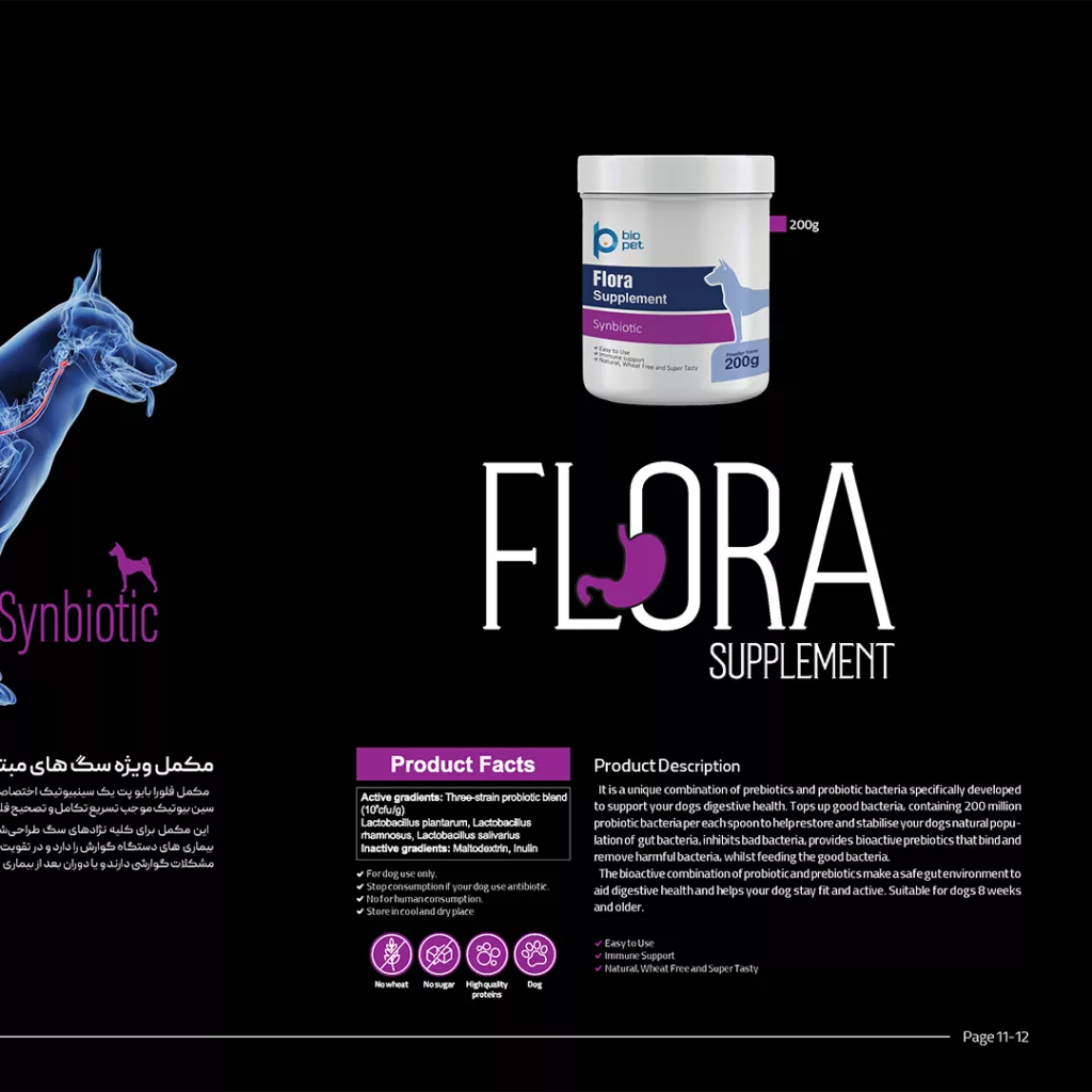 پودر پروبیوتیک و پریبیوتیک سگ بایو پت مدل Flora وزن 400 گرم