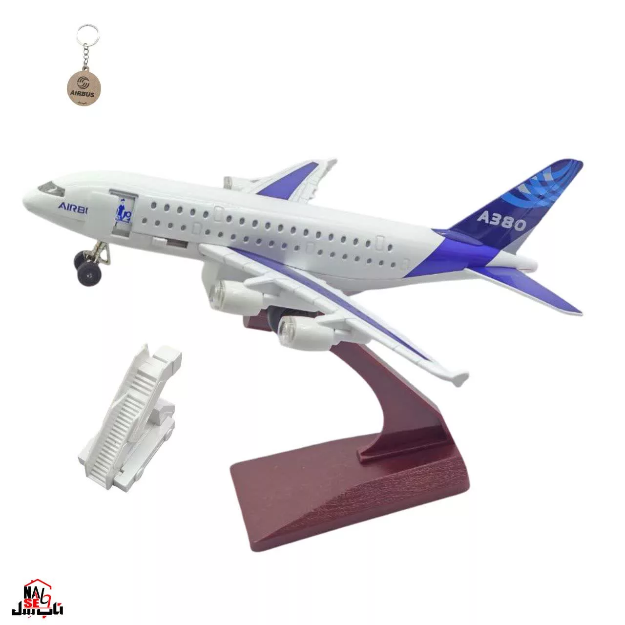 ماکت هواپیما ناب سل مدل فلزی موزیکال چراغدار ایرباسA380 استند دار با پله مسافر AIRBUS A380 همراه با جاسوییچی