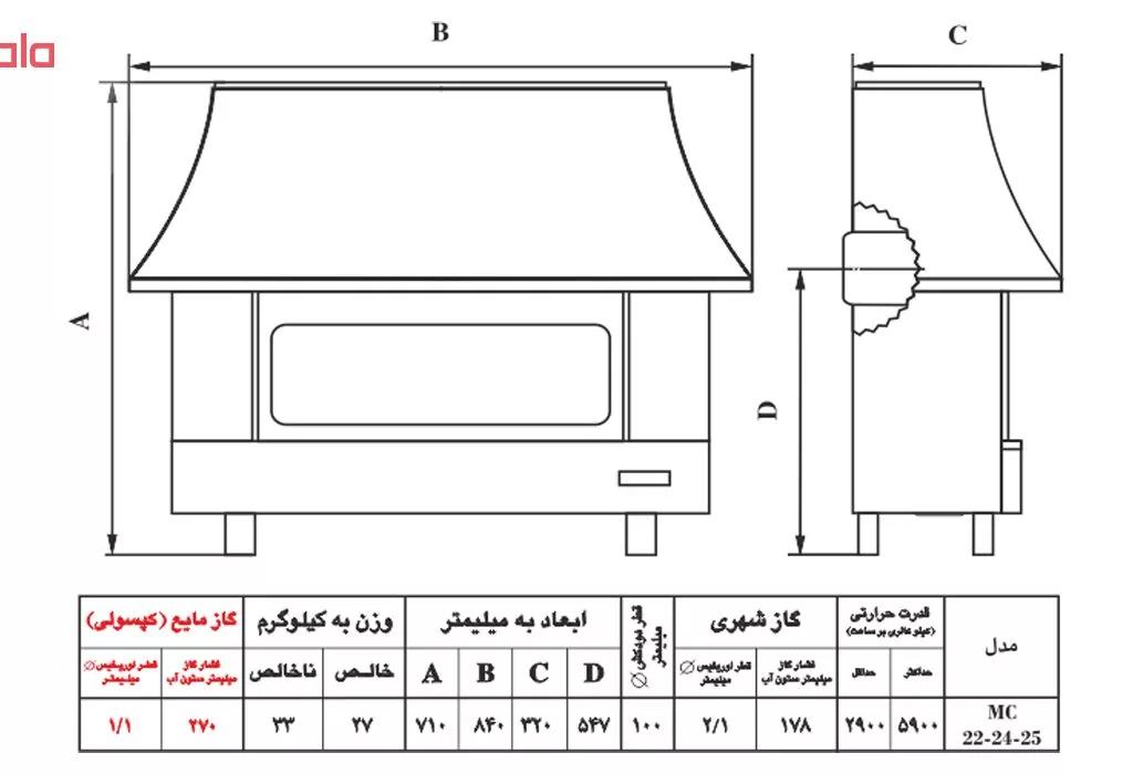 بخاری گازی شومینه ای نیک کالا مدل ثمین MC25